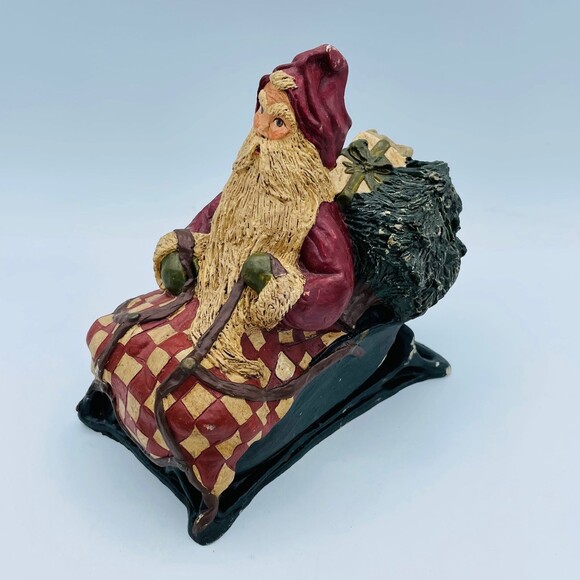 Vintage Folk Art Old World Santa on Sleigh Checker Blanket Signed Diana Wade '88 - Picture 1 of 8